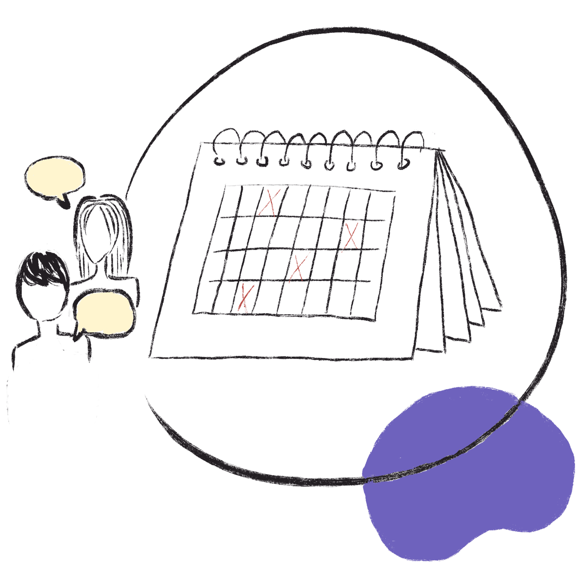 Calendar with marked dates and two people talking, representing an ongoing monthly partnership
