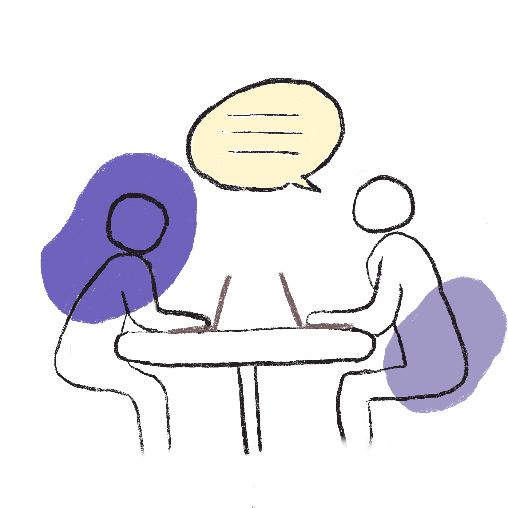 Two people talking across a table with laptops, representing one-to-one founder support